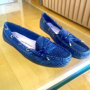 Blue snake print loafers